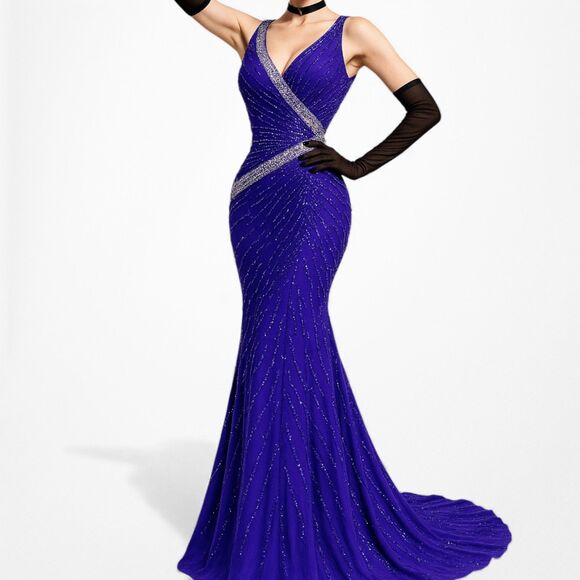 Vintage Y2K Purple Blue V-Neck Beaded Bodycon Maxi Prom Dress Size S - Picture 1 of 11